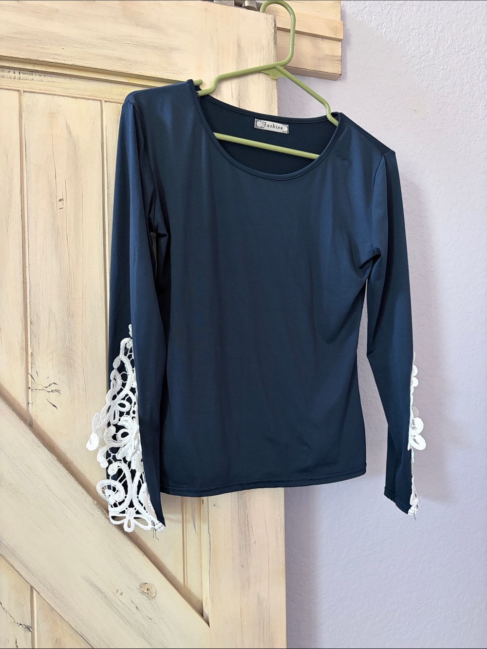 Women's Navy Long-Sleeve Top with White Lace Trim